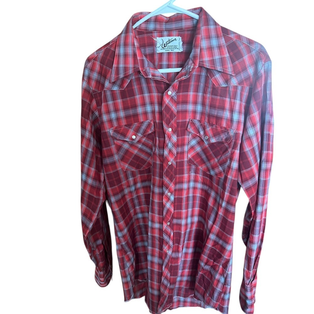 Vintage Westerner Mens Red Plaid Pearl Snap Western Shirt Long Tail 70s 80s